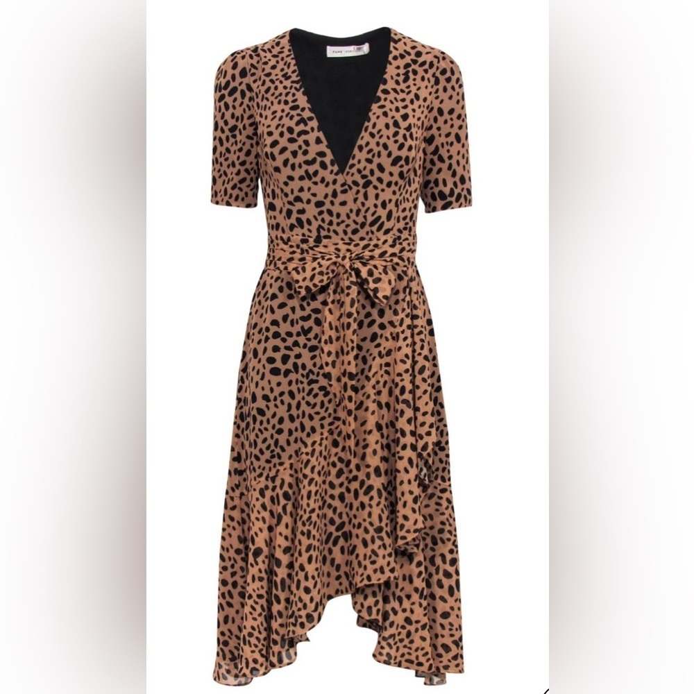 Fame And Partners - Tan & Black Leopard Print Short‎ Sleeve Wrap Dress, Size 0